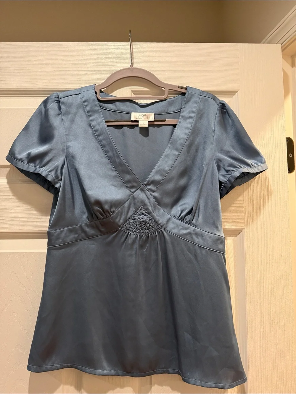 LOFT Steel Blue Satin V-Neck Blouse